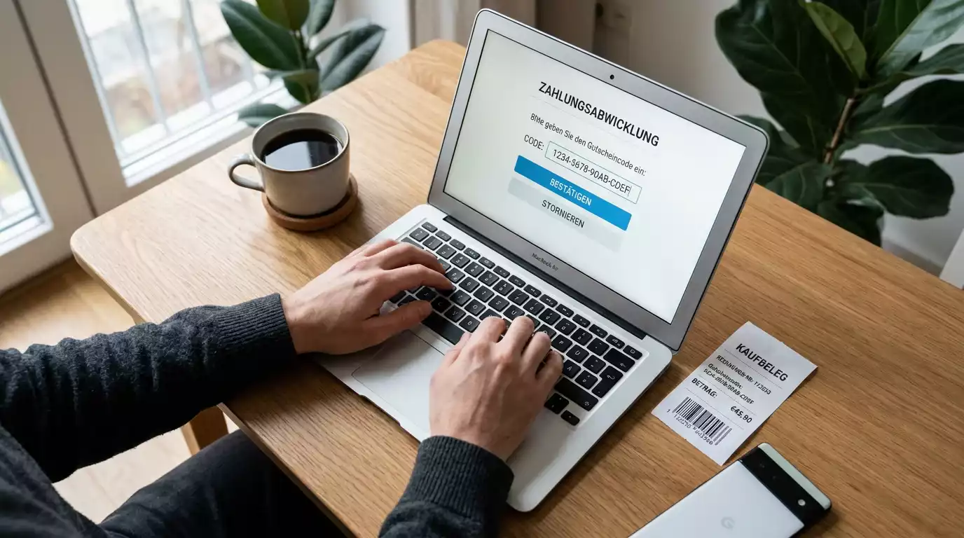 Ablauf einer Paysafecard-Einzahlung bei einem Sportwetten-Anbieter am Laptop